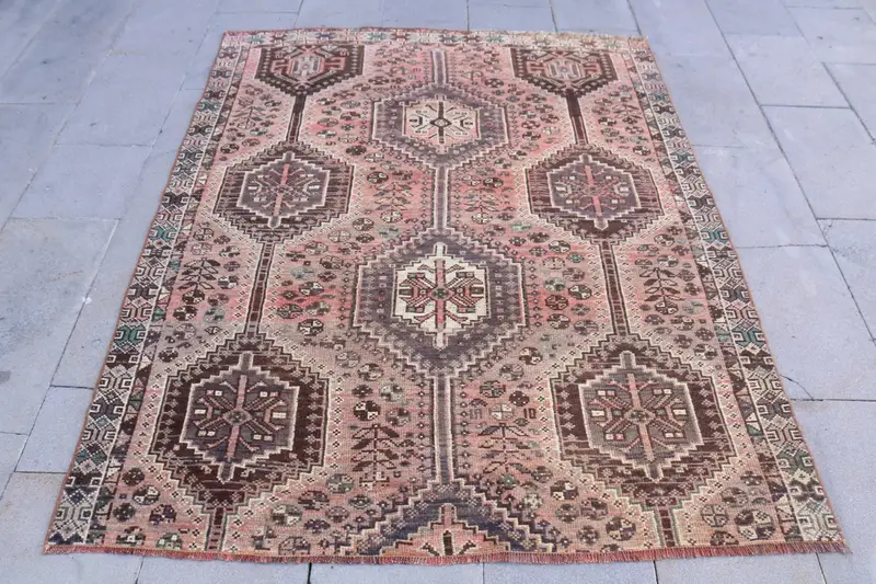 4.7x5.8 ft Rug, Turkish Vintage Rug, Brown Check Wool Rug - 1