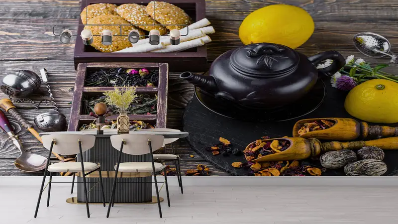 トレンディなティー & レモンのキッチン壁紙: エレガントなプリント デザイン