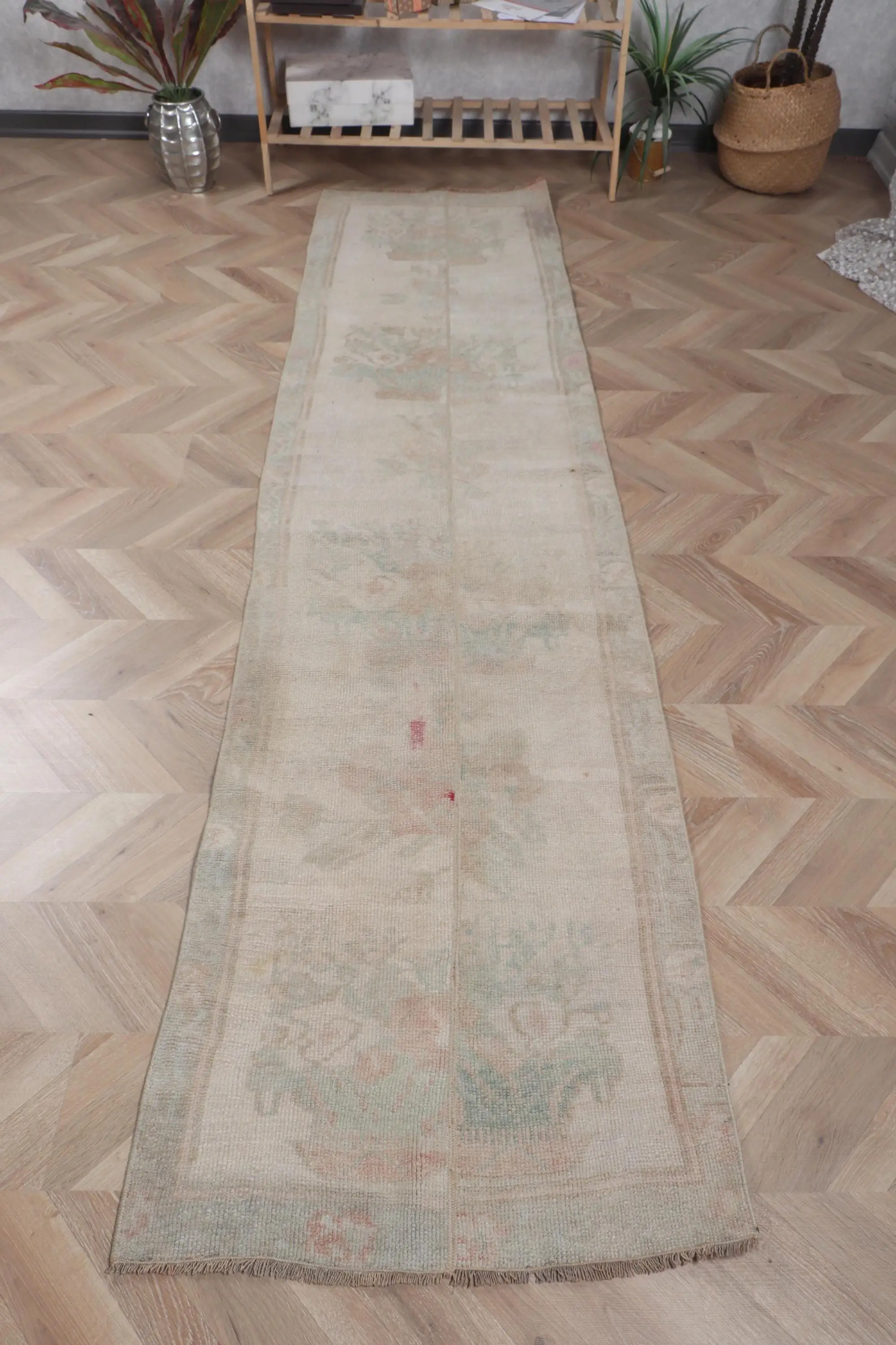 Vintage Turkish Rug, 2.4x9.4 ft Rug, Gray Blue Oriental Wool Rug - 1