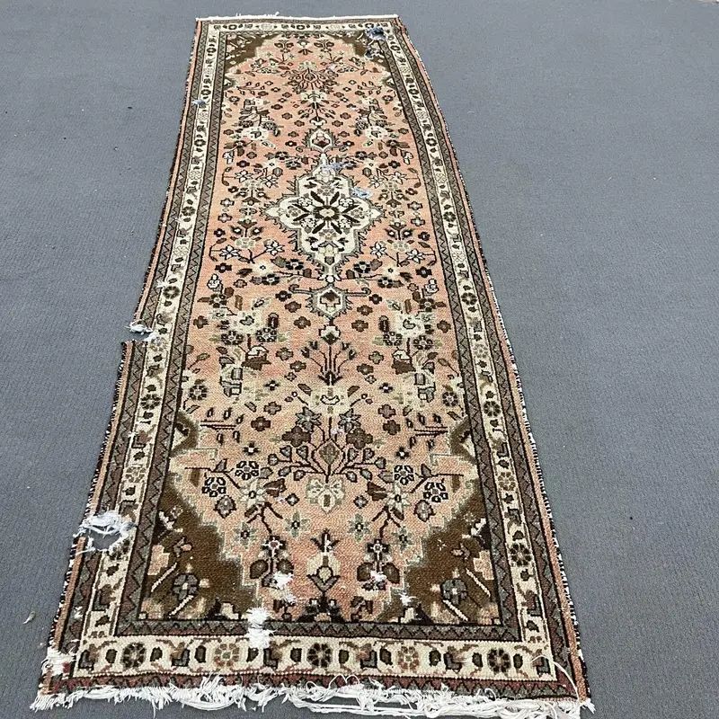 Vintage Rug, 3.1x9.8 ft Runner Rug, Brown Pink Oushak Wool Rug - 1
