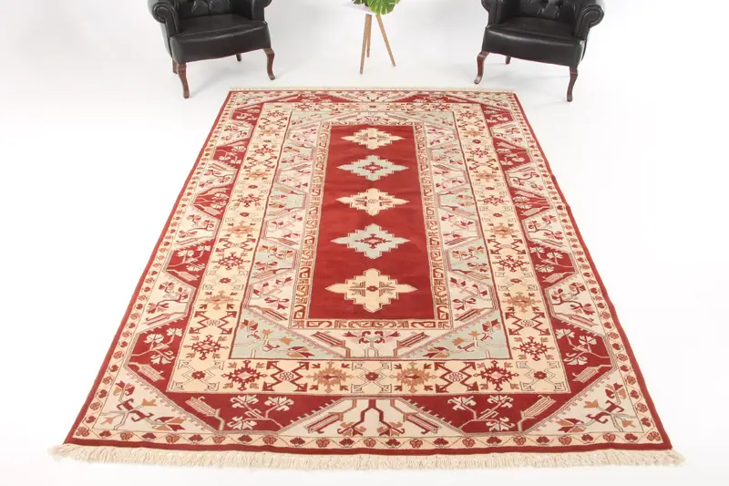 Vintage türkischer großer Teppich 6,8x9,8 ft (206x299 cm), rot gestreifter Oushak-Teppich - 1