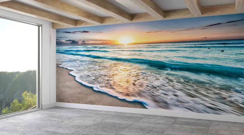 Papel pintado con paisaje de playa impreso: elegante vista al mar y puesta de sol