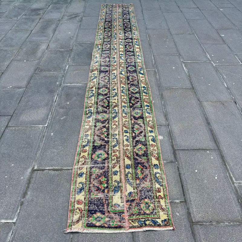 Turkish Runner Rug, 1.8x12.5 ft Vintage Rug, Blue Floral Wool Rug - 1