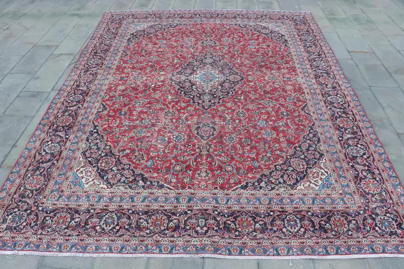 8.9x11.8 ft Oushak Rug, Turkish Vintage Rug, Red Blue Animal Print Rug - 1