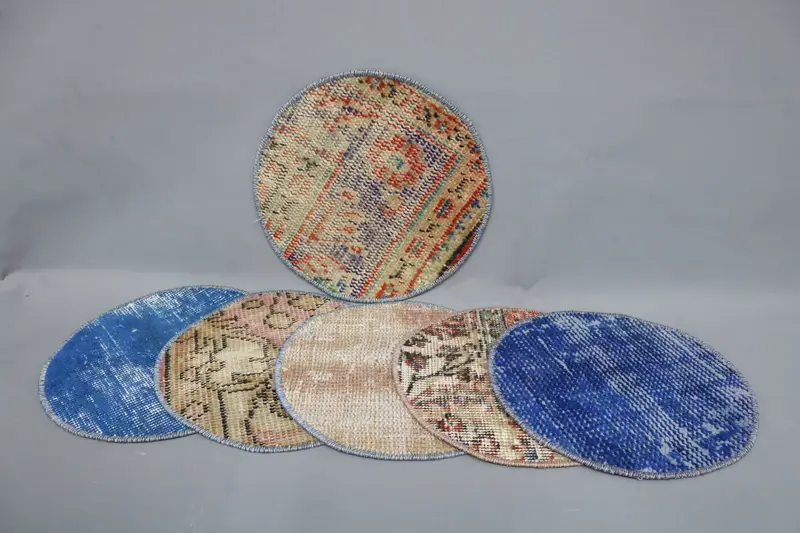 Juego de manteles individuales circulares Art Déco, juego de lana de algodón azul y rosa bohemio