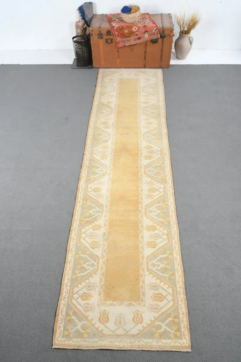 Turkish Vintage Rug, 2.6x10.5 ft Oushak Rug, Yellow White Bordered Wool Rug - 1