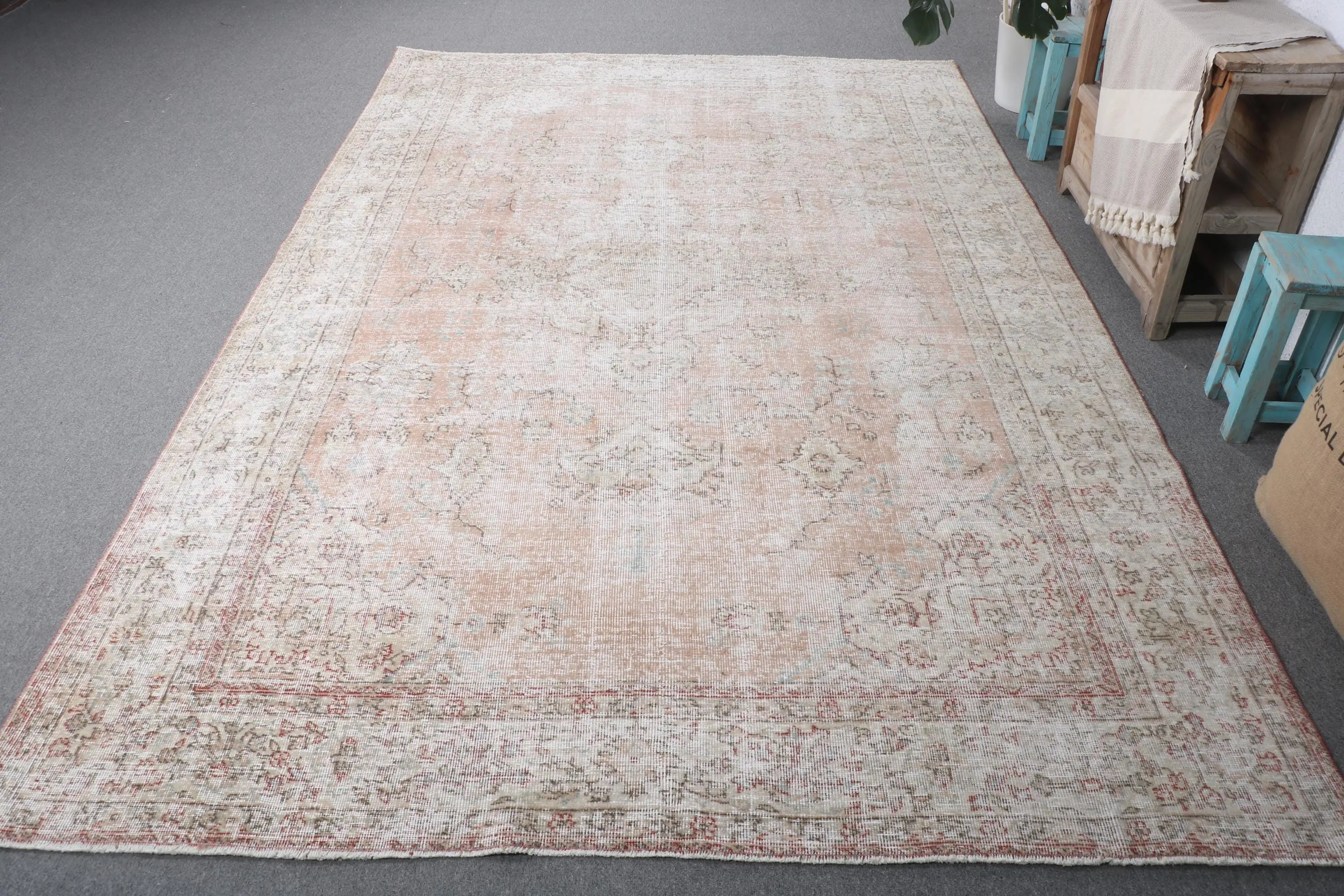 6.4x10 ft Rug, Large Vintage Rug, White Polka dot Rug - 1