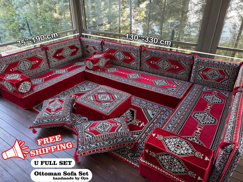 Kırmızı & Gri Kilimden Esinlenmiş Osmanlı Koltuk Takımı, Country Stili Osmanlı