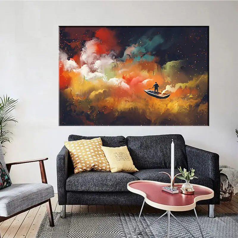 Man on a Boat in The Outer Space With Colorful Cloud, Wall Art Canvas, Abstract Painting, Abstract Artwork, Modern Wall Art, Cloud Artwork - 1