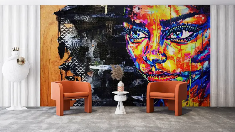 Elegante bedruckte Tapete: Abstraktes Frauenporträt in leuchtenden Farben