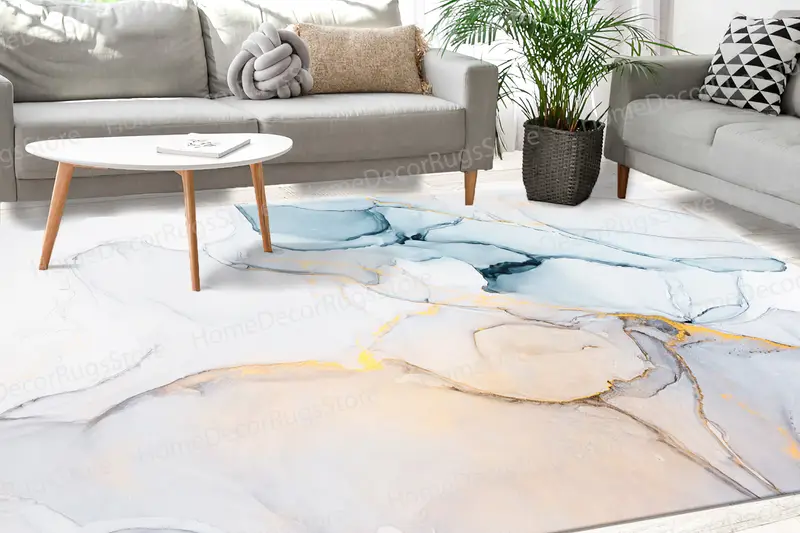 Alfombra estampada de mármol azul: tonos suaves, decoración de salón de lujo