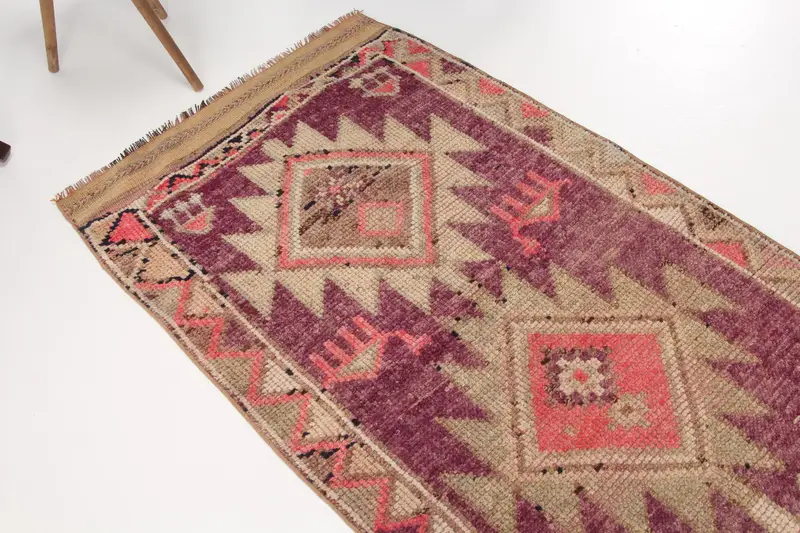 Turkish Vintage Rug, Runner 2.8x10.6 ft (85x323 cm) Rug, Red Striped Wool Rug - 1
