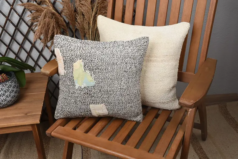 Decorative Throw Pillow Case, Boho Throw Pillow, Home Decor Pillow, 14x14 Beige Pillow Sham, Cushion, Vintage Pillow, Handmade Kilim Cushion - 1