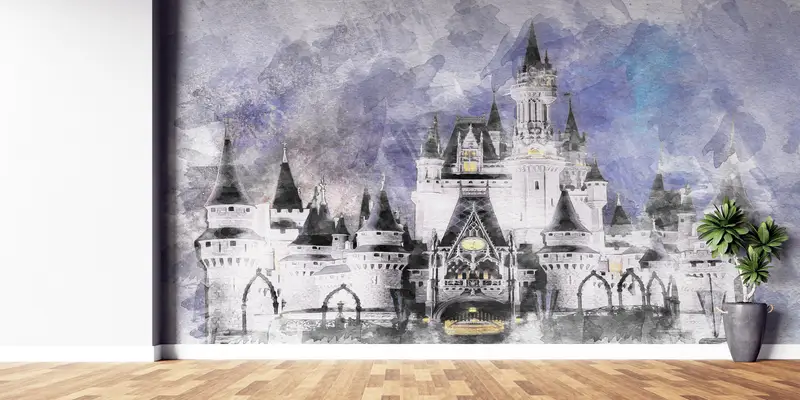 Çocuk Odası için Büyüleyici Disney Cinderella Kalesi Baskılı Duvar Kağıdı