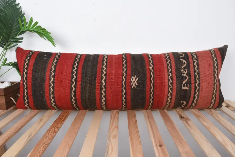 Pillow for Sofa, Natural Cushion Cover, Cushion Case, Ethnical Kilim Rug Pillow, Kilim Cushion Sham, Toss Pillow Case, 16x48 Red Pillow - 1