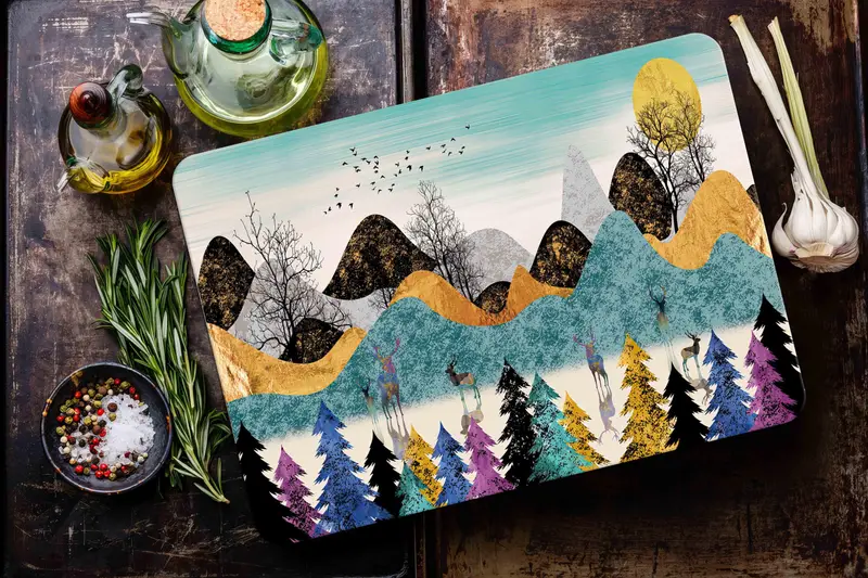 抽象的な森の風景ガラスのまな板、現代的なキッチンの必需品