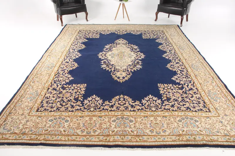 Oushak Vintage Rug, 8.7x11.5 ft Turkish Rug, Blue Bordered Wool Rug - 1