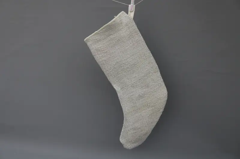 Beige Christmas Stocking with White Ornaments, Festive Holiday Stocking