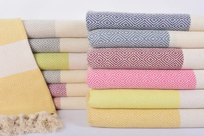 Light Yellow-Beige Diamond Turkish Bath Towel, Organic Cotton, 67x40 Inches