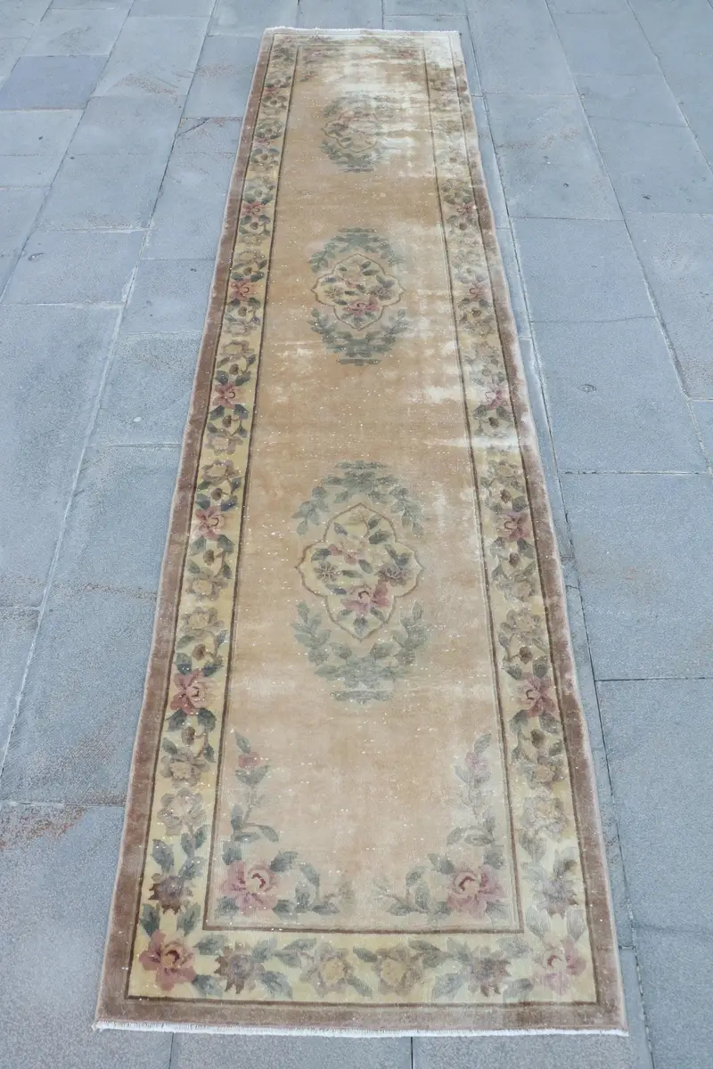 Kahverengi ve Yeşil Halı, 2,2x9,7 ft Çizgili, Geometrik Şekilli