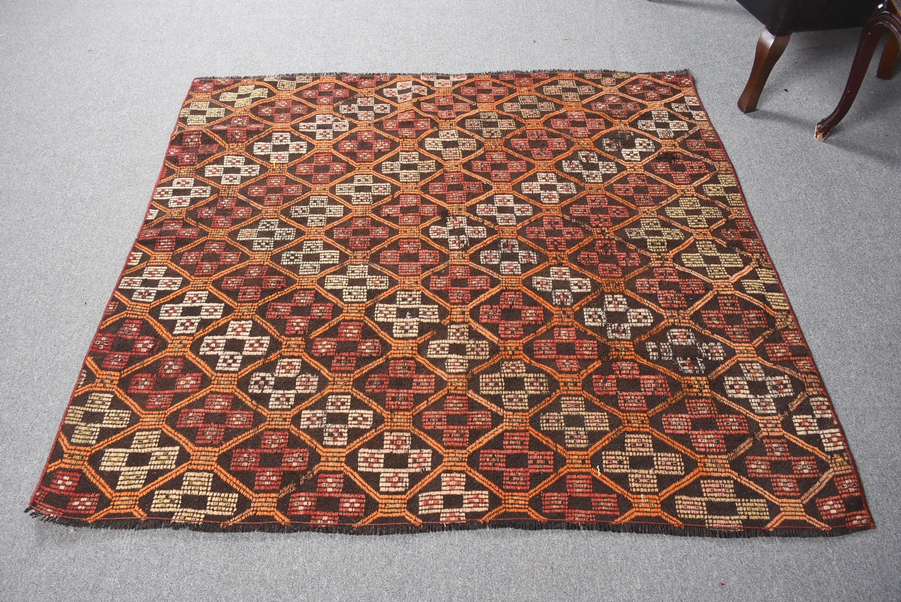 5,2x4,8 ft türkischer Kelim Teppich, Vintage Teppich, brauner abstrakter Wollteppich - 1