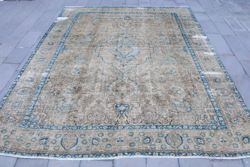 Vintage Turkish Rug, 9.8x12.1 ft Oversize Rug, Blue Gray Solid Rug - 1