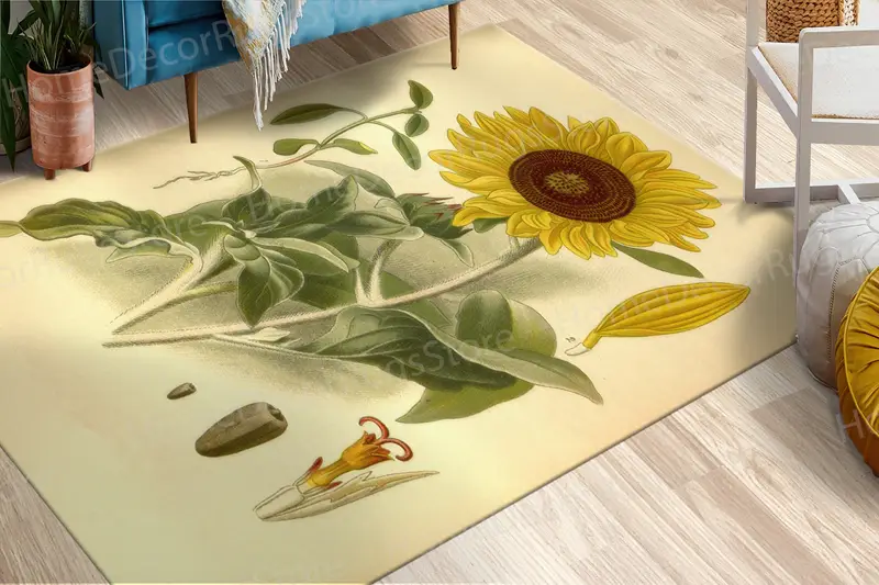 ヴィンテージひまわりプリントラグ: エレガントな植物装飾、柔らかい生地。
