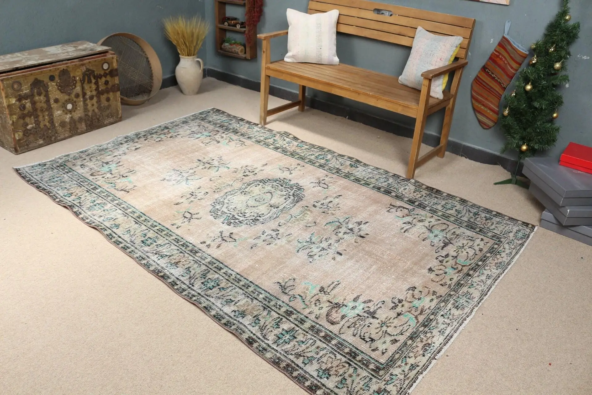 Türk Halısı, 5.3x8.1 ft Büyük Vintage Halı, Mavi Kahverengi Bitkiler ve ağaçlar Halı - 1