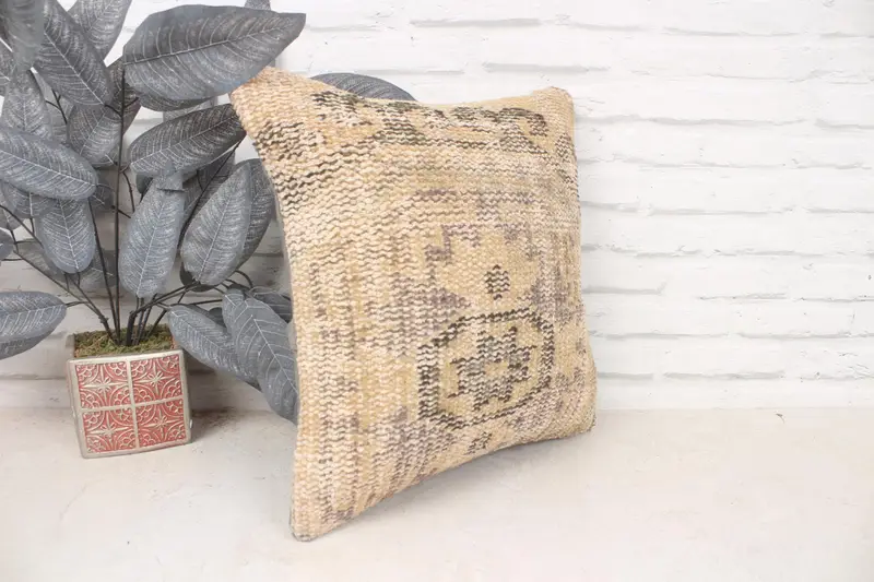 16x16 Beige Pillow Cover, Vintage Kilim Throw Pillow, Gift Pillow, Chair Pillow, Boho Pillow Sham Cover, Retro Cushion, Pillow, Hippie Throw Cushion - 3