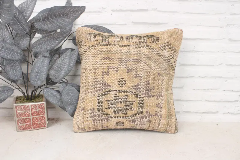 16x16 Beige Pillow Cover, Vintage Kilim Throw Pillow, Gift Pillow, Chair Pillow, Boho Pillow Sham Cover, Retro Cushion, Pillow, Hippie Throw Cushion - 1