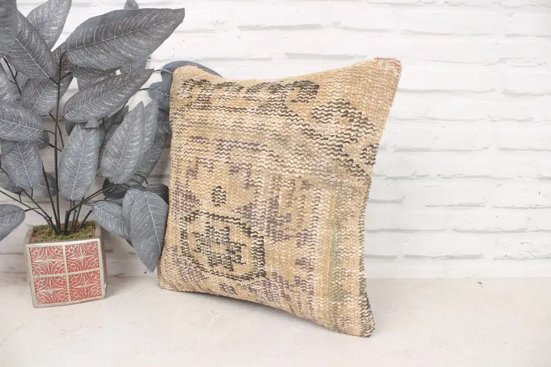 16x16 Beige Pillow Cover, Vintage Kilim Throw Pillow, Gift Pillow, Chair Pillow, Boho Pillow Sham Cover, Retro Cushion, Pillow, Hippie Throw Cushion - 4