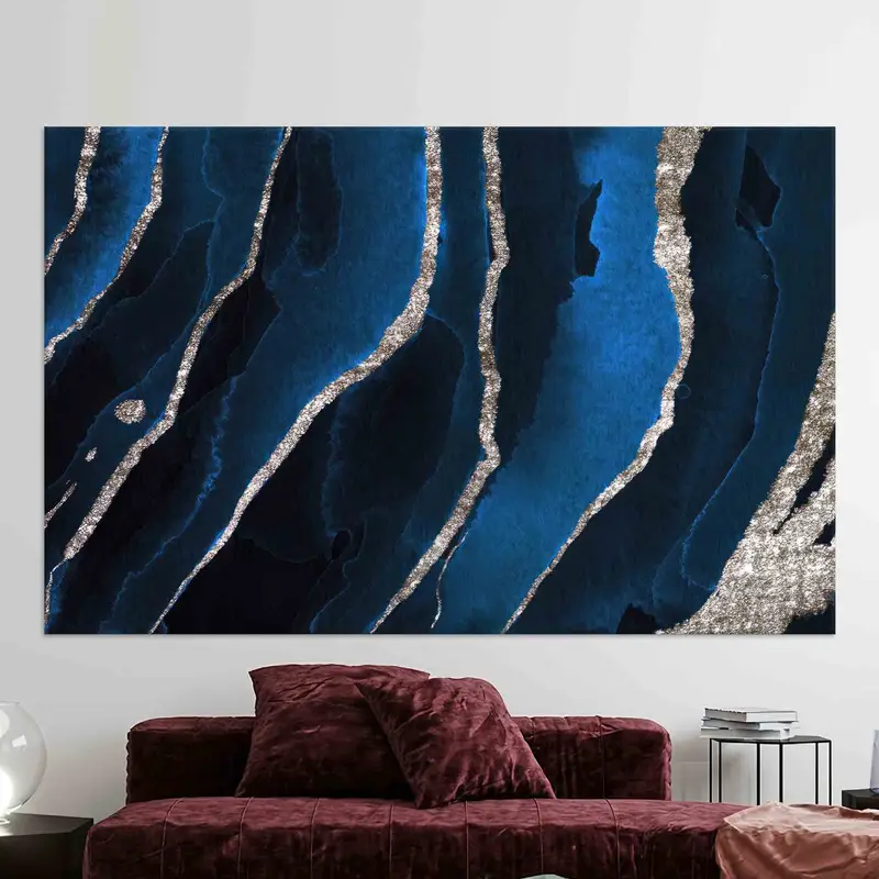 Luxury Marble Abstract Blue & Silver Printed Canvas Art