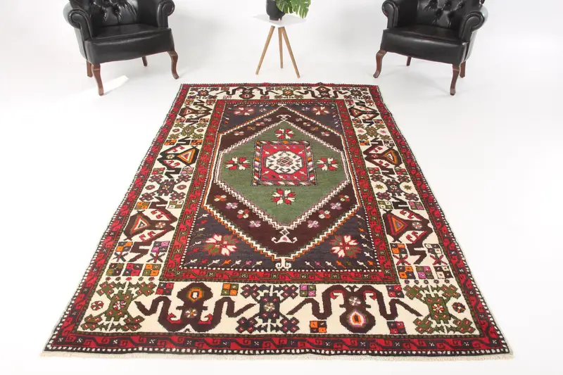 Vintage Large Rug 5.3x9 ft (163x275 cm), Oushak Red Floral Turkish Rug - 1