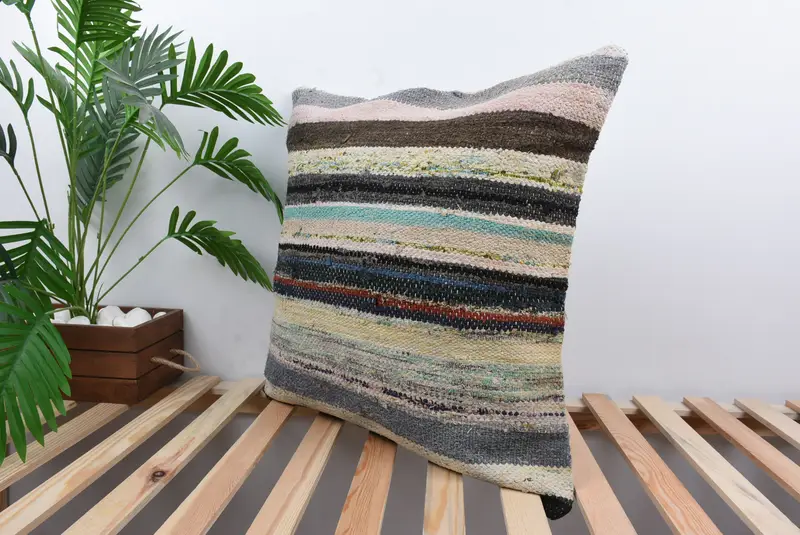 Throw Kilim Pillow, Yoga Cushion, Boho Pillow Sham Cover, Pillow Cover, Vintage Kilim Pillow, 24x24 Brown Cushion Case, Art Deco Cushion Case - 5