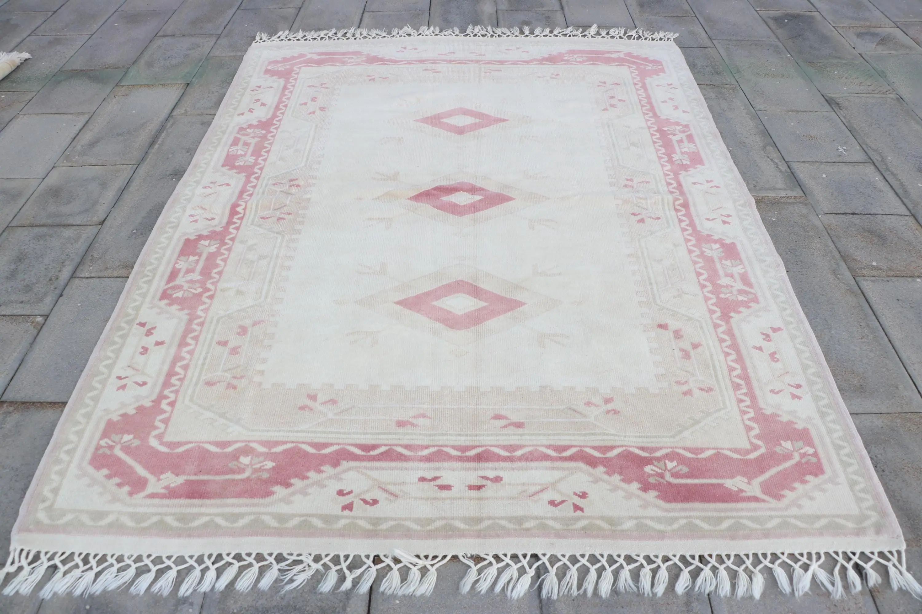 Vintage Türk Büyük Halı 5.8x7.9 ft, Beyaz Kareli Halı Yün - 1