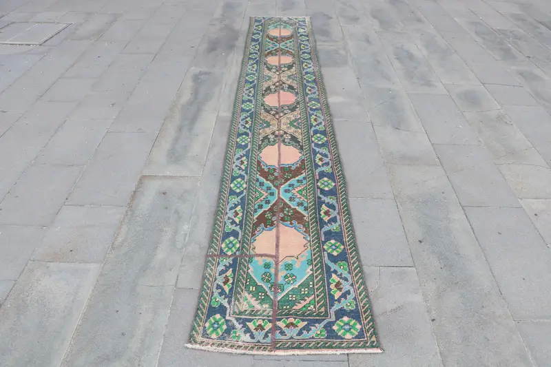 Vintage Rug, 1.9x11.6 ft Turkish Rug, Blue Green Ombré Wool Rug - 1