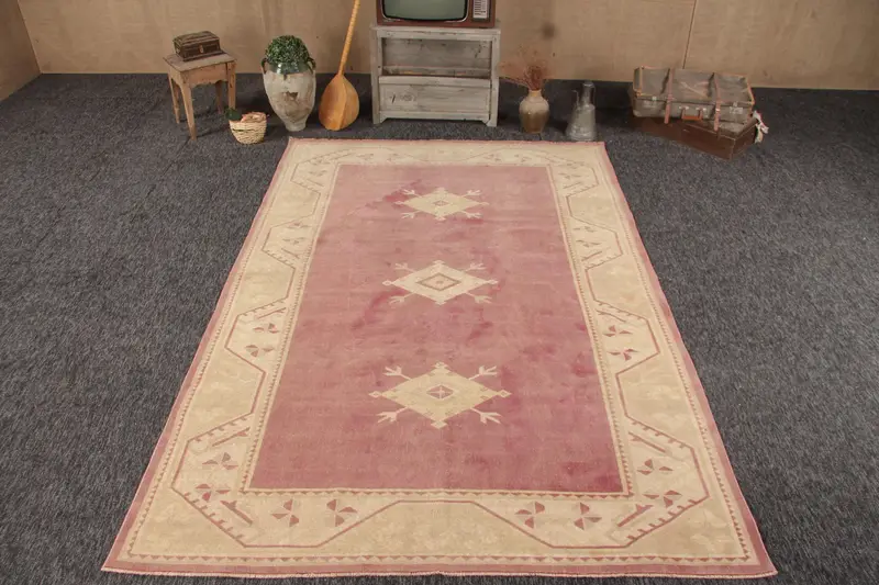 Vintage Türk Halısı 6.5x9.5 ft, Oushak Kırmızı İkat Yün Halı - 1