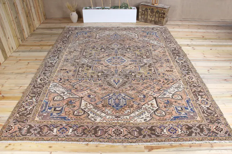 Alfombra vintage turca de 9,8x12,6 pies, alfombra de gran tamaño, alfombra geométrica Oushak marrón - 1
