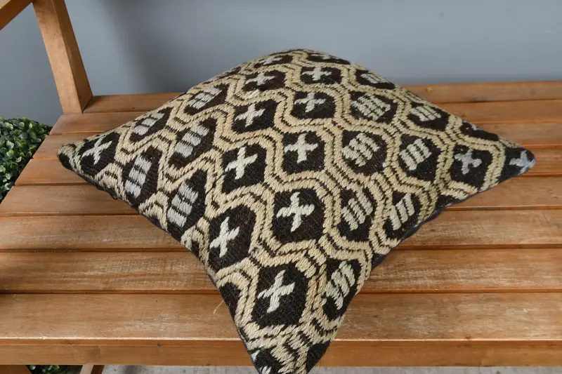 Antique Pillows, 16x16 Beige Cushion, Office Chair Cushion Cover, Nomadic Cushion, Vintage Pillow, Throw Kilim Pillow, Pillow Sham - 2