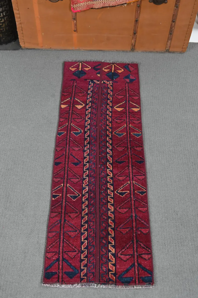 Vintage Teppich, 1,4x4 ft türkischer Teppich, rot blauer Tarnwollteppich - 1