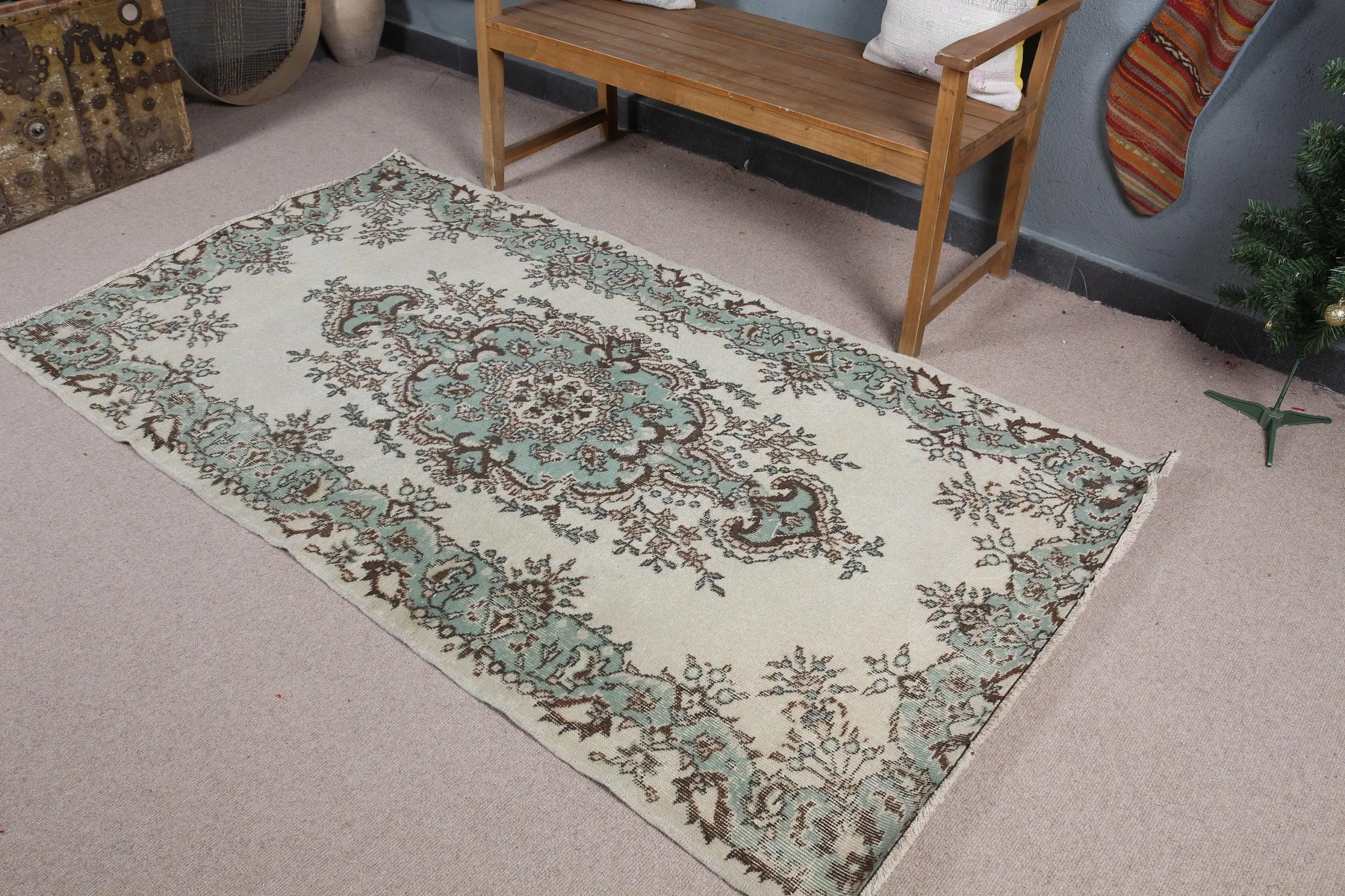 Turkish Area Rug 3.9x6.8 ft (118x208 cm), Vintage Blue Southwestern Wool Rug - 1