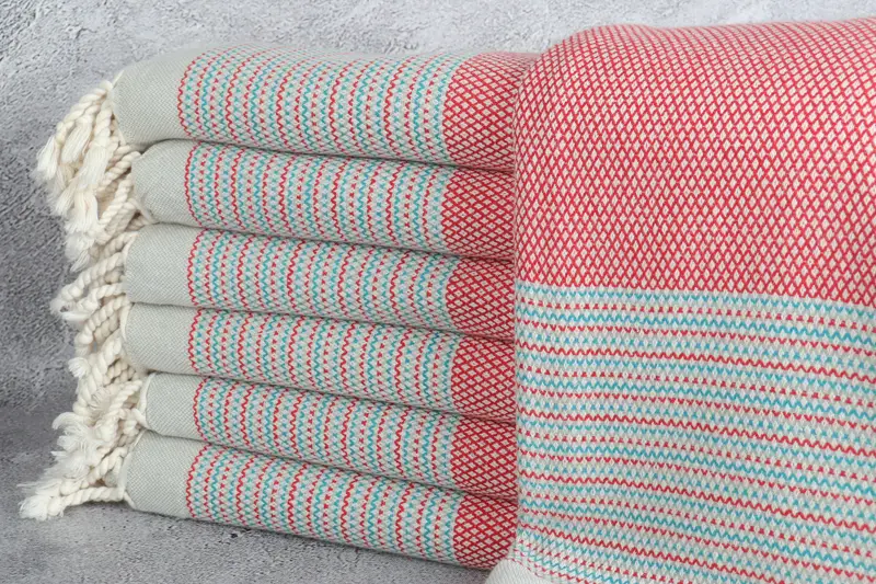Custom Turkish Towel, Red-Turquoise Striped, 40x63 Inches, Beige
