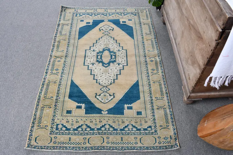 ハンドメイド 0.3x0.4 フィート ラグ、ベージュ & ブルー 花柄ペイズリー