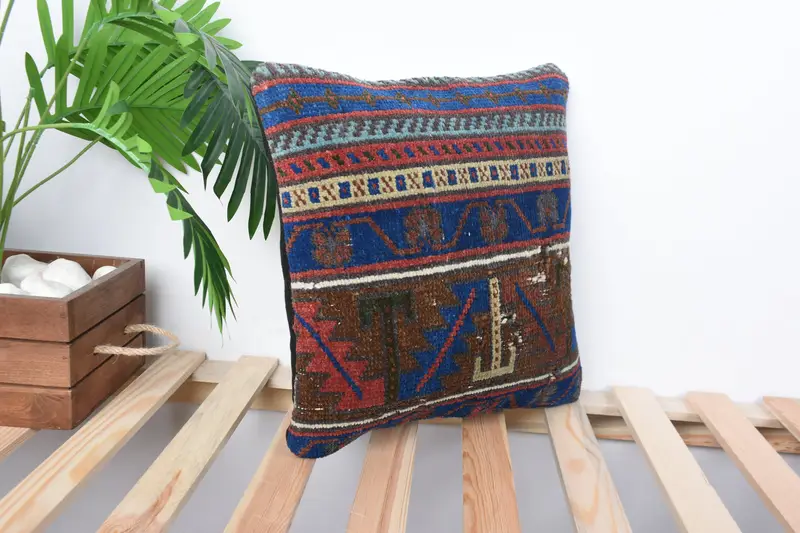 Ethnical Kilim Rug Pillow, Neutral Pillow Sham, Pillow, 14x14 Blue Cushion Cover, Outdoor Cushion, Pillow for Couch, Pillow for Sofa - 4