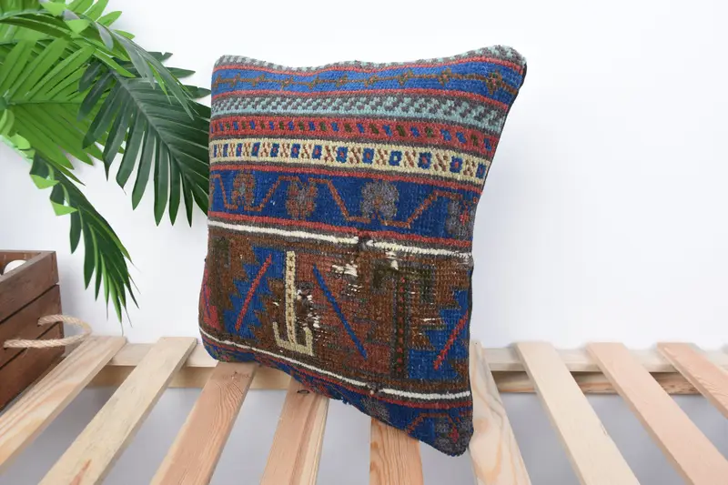 Ethnical Kilim Rug Pillow, Neutral Pillow Sham, Pillow, 14x14 Blue Cushion Cover, Outdoor Cushion, Pillow for Couch, Pillow for Sofa - 5