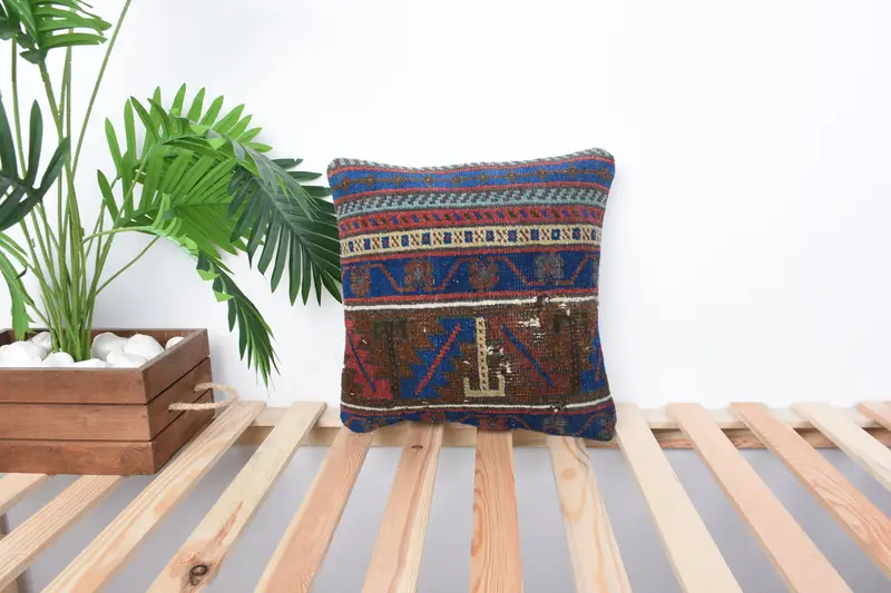 Ethnical Kilim Rug Pillow, Neutral Pillow Sham, Pillow, 14x14 Blue Cushion Cover, Outdoor Cushion, Pillow for Couch, Pillow for Sofa - 1