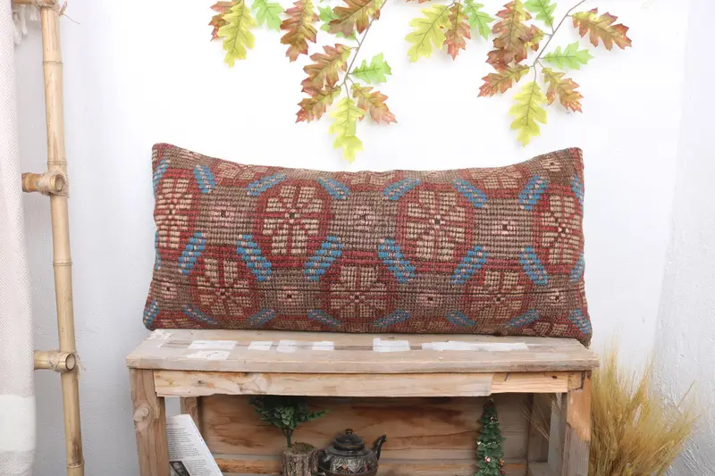 Pattern Throw Cushion, 16x36 Red Pillow Case, Turkish Pillow, Kilim Cushion Sham, Rustic Cushion, Handmade Kilim Cushion, Cushion Case - 1