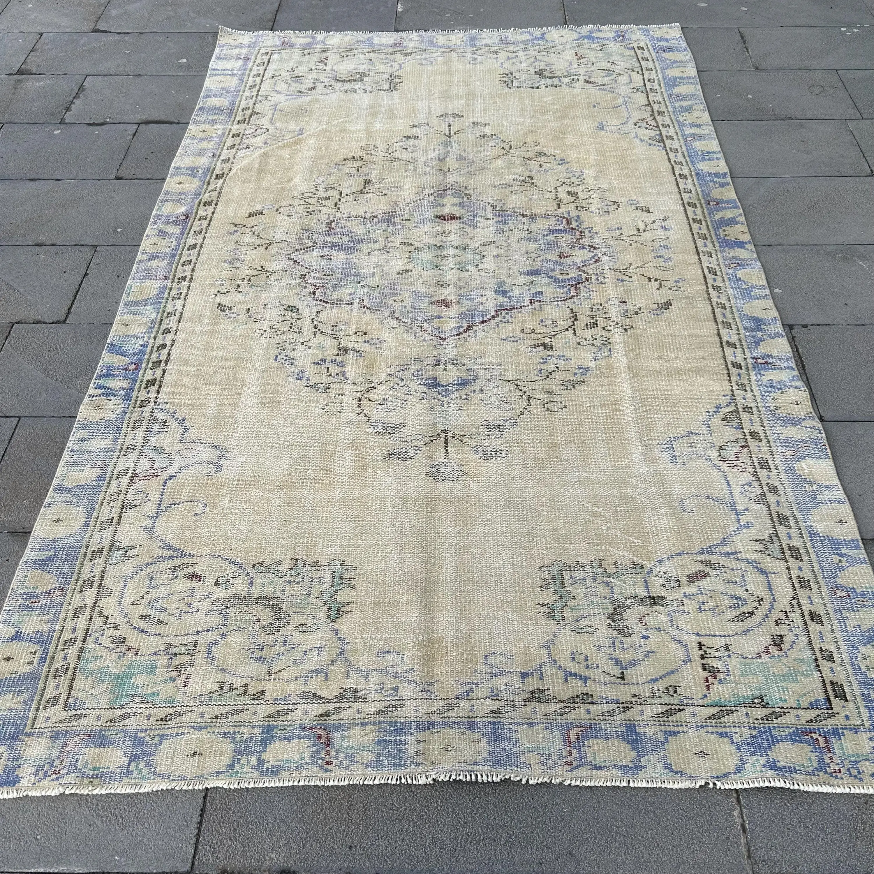 Vintage Turkish Rug, 5.1x8.4 ft Large Rug, Blue White Oriental Rug - 1