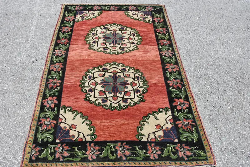 Alfombra turca, alfombra vintage de 3,9x5,8 pies, alfombra de lana de camuflaje verde rojo - 1