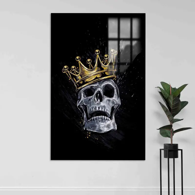 Trendy Black Skull Canvas: Gold Accents, Skeleton Art Print